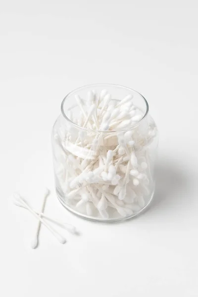 Glass Jar Full Cotton Swabs Three White Background — Stock Photo, Image