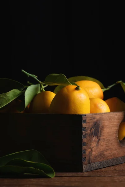 Citrons Frais Cueillis Dans Une Caisse Bois Avec Fond Noir — Photo