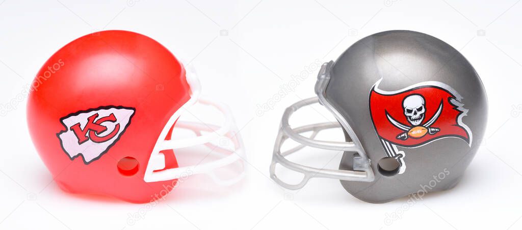 IRVINE, CALIFORNIA - 25 JAN 2021: Helmets for the Tampa Bay Buccaneers, and Kansas City Chiefs, opponents in Super Bowl LV.