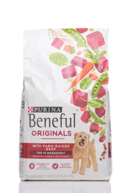 IRVINE, CALIFORNIA - 28 Mayıs 2021: Bir çanta dolusu Purina Beneful özgün Beef Flavor köpek maması.