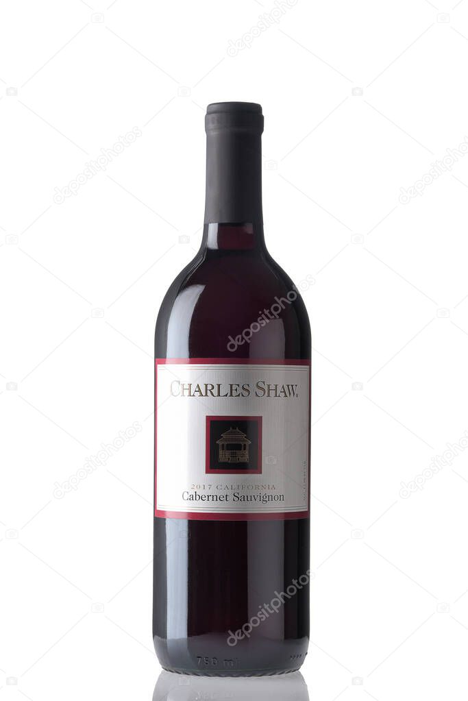 IRVINE, CALIFORNIA - 2 JUN 2021: A bottle of Charles Shaw Cabernet Sauvigon, Trader Joes private label bargain wine.