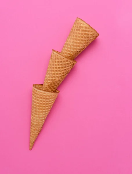 Three Nested Ice Cream Cones Pink Background Flat Lay Minimalist — Stock Photo, Image