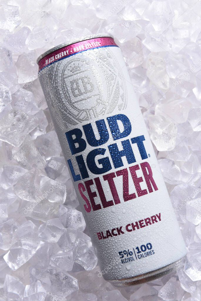 IRIVNE, CALIFORNIA - 2 JULY 2021: A can of Bud Light Seltzer Black Cherry flavor in a bed of ice.