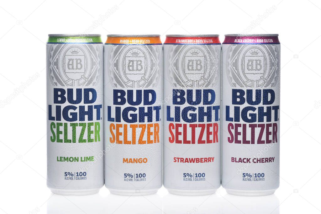IRIVNE, CALIFORNIA - 2 JULY 2021: Bud Light Seltzer. Four cans, Lemon Lime, Mango, Strawberry and Black Cherry flavors on white.