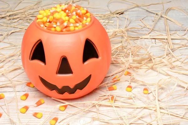 Plastic Pumpkin Candy Corn Straw — Stock Photo, Image