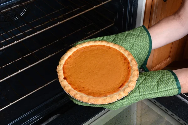 Prendendo torta di zucca dal forno — Foto Stock