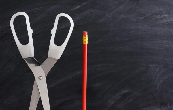 Red Pencil Scissors Chalkboard — Stock Photo, Image