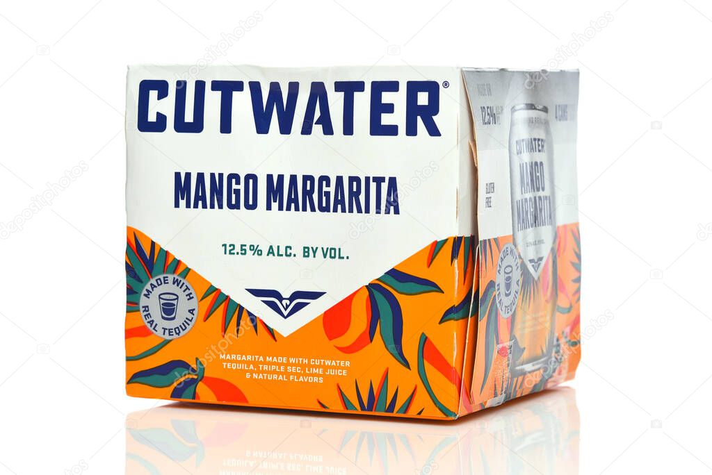 IRVINE, CALIFORNIA - 07 NOV 2025: A four pack of Cut Water Mango Margarita cans.