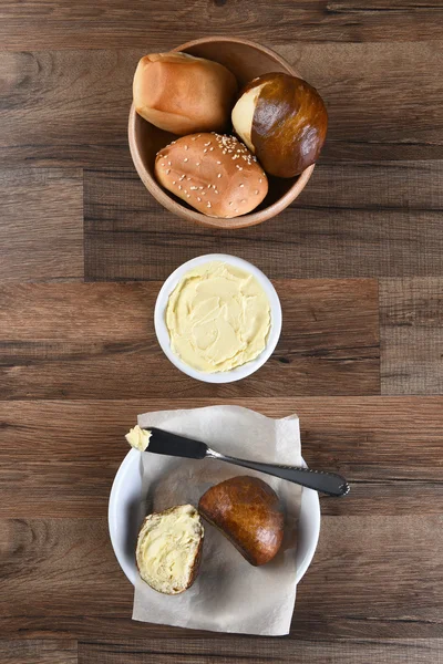 Assorted Dinner Rolls and Butter Crock — Stock Photo, Image