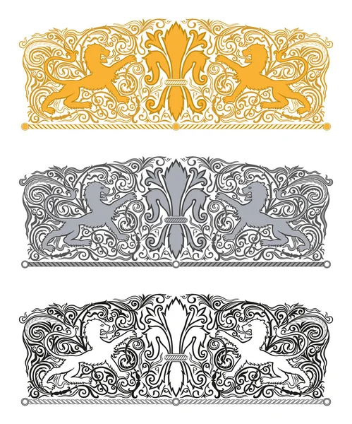 Ornament z fleur-de-lis i heraldyczne lwy — Wektor stockowy