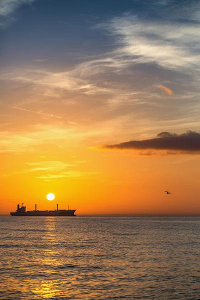 Вантажний корабель, що пливе на сході сонця біля пляжу — стокове фото