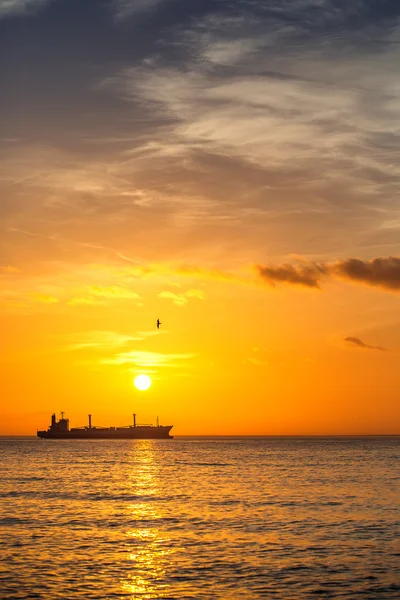 Vrachtschip zeilen op de zonsopgang in de buurt van het strand — Stockfoto