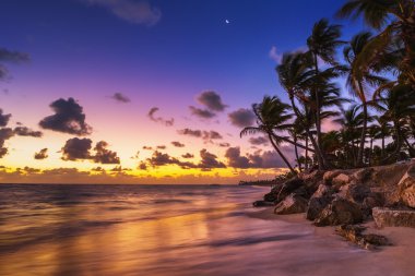 Cennet manzarası tropik ada plajı, gün doğumu görüntüsü