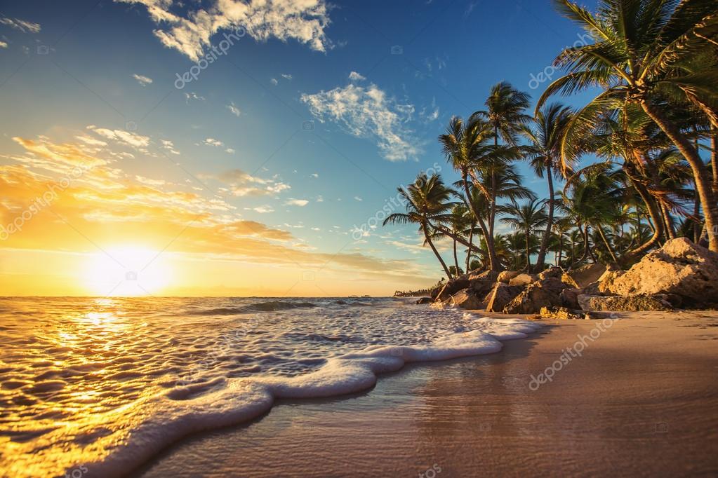 Landscape of paradise tropical island beach, sunrise shot Stock Photo 