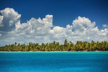 kabarık beyaz bulutlar deniz yüzeyinin üzerinde mavi gökyüzü