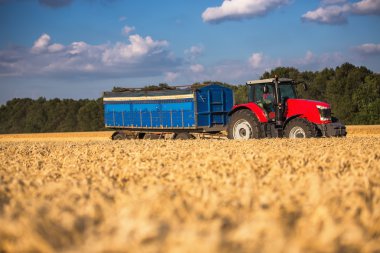 Mavi kırmızı traktör römork ına alan