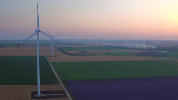 Letecký pohled na krajinu s levandulové pole a větrné turbíny při západu slunce — Stock video