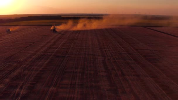 Zonsondergang en werken oogsten machines combineert en tractoren in het veld van tarwe. Landbouw Concept, Video — Stockvideo