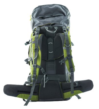 Büyük yeşil turistik sırt çantası beyaza izole edilmiş.