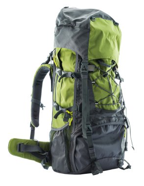 Büyük yeşil turistik sırt çantası beyaza izole edilmiş.