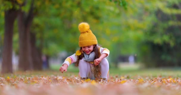 Jesienne Drzewa Szczęśliwa Dziewczynka Bawiąca Się Opadłymi Liśćmi Kolorów Jesiennym — Wideo stockowe