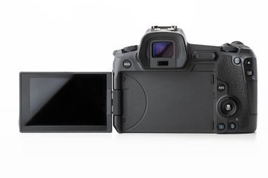 Varna, Bulgaristan - Kasım 07.2020: Canon EOS R Aynasız Dijital Kamera 'nın beyaz arkaplanda çift pikselli AF' si. Canon dünyanın en büyük SLR kamera üreticisi..