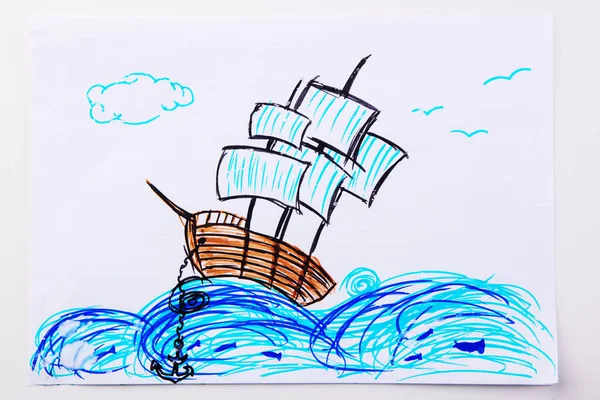 Children Paint Ship Sea Kid Drawing Pirate Ship Ocean Waves — Stock Photo, Image