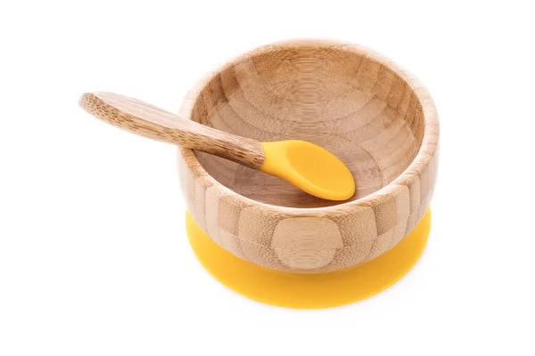 Wooden Bowl Bamboo Plate Spoon Isolated White Background — Stock Photo, Image