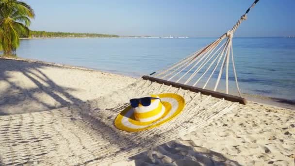 Pusty Hamak Między Palmami Tropikalnej Plaży Nad Morzem — Wideo stockowe