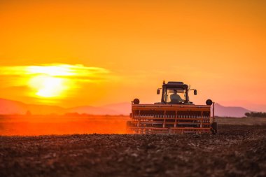 Gün batımında tarlada ekin tohumu yapan traktörlü çiftçi.