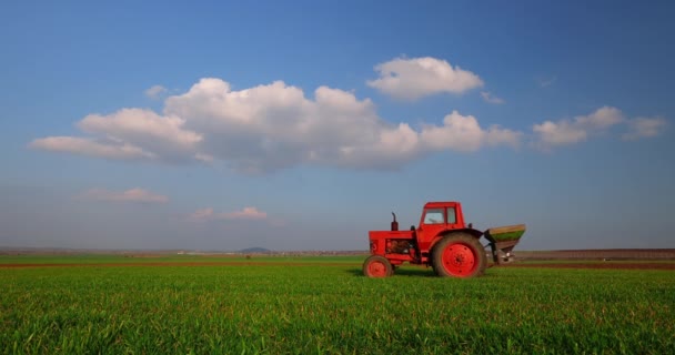 Traktor Hnojení Pšeničné Pole Práce Zemědělských Polích Video — Stock video