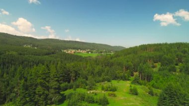 4K hava görüntülerindeki doğal dağ manzarası. Orman ve yürüyüş yolları.