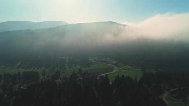 在雾蒙蒙的森林和山水上空升起的日出 4K航拍视频 — 图库视频影像