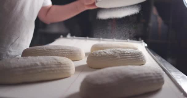 Pekař Dělá Chléb Kysaného Těsta Přírodními Ingrediencemi Ruce Prosévají Mouku — Stock video