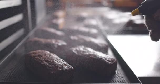 Φρέσκο Ζεστό Ψωμί Βγαίνει Από Φούρνο Ιμάντα Μεταφοράς Baker Ψεκάζει — Αρχείο Βίντεο