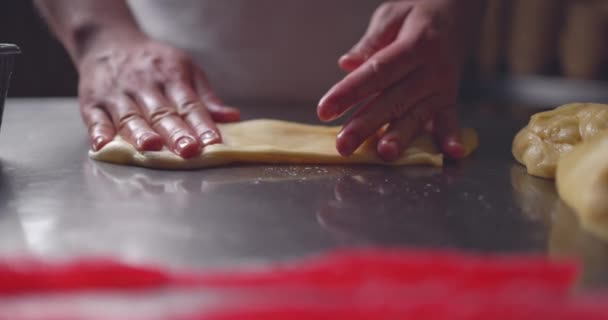 Baker Kneading Dough Oil Flour Table Slow Motion Video — Stok Video