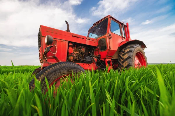 Traktor Sekání Zelené Pole Bkue Obloha Mrakem — Stock fotografie