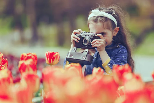 Kleines Mädchen Mit Alten Vintage Kamera Macht Fotos Von Tulpen — Stockfoto
