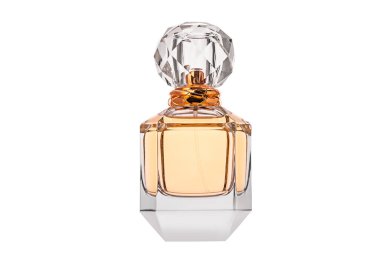 Parfüm spreyi şişesi kesme yolu ile beyaz arka planda izole