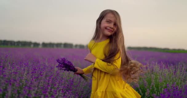 Happy Little Girl Sukienka Korzystających Lawendy Pola Bukietem Kwiatów — Wideo stockowe