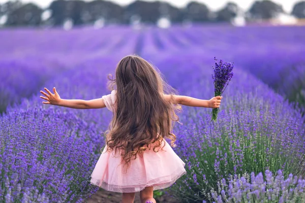 Счастливая Маленькая Девочка Платьем Наслаждается Лавандовым Полем Букетом Цветов — стоковое фото