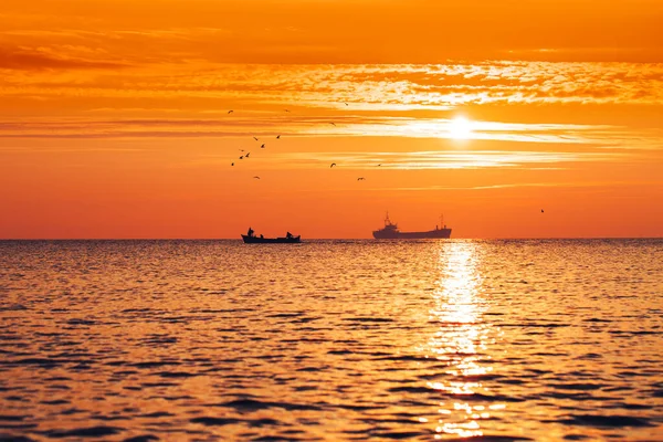 在平静的海水中航行的船只和飞鸟 金色的日出 — 图库照片