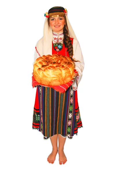 Jovem Camponesa Com Traje Tradicional Folclore Búlgaro Pão Massa Mão — Fotografia de Stock