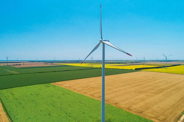 Mavi Gökyüzü Buğday Tarlası Rüzgar Türbinleri Elektrik Üretiyor — Stok fotoğraf