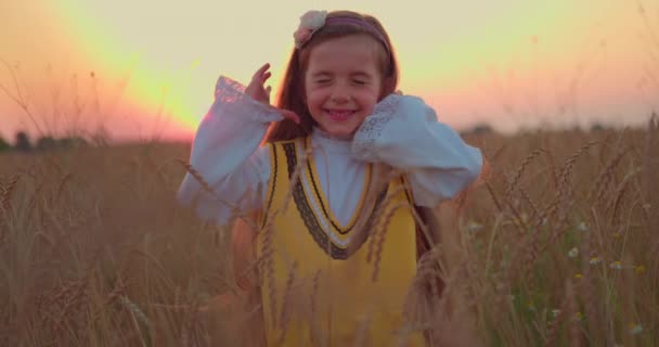 Freedom Little Girl Folklore Bulgarian Costume Enjoying Harvest Time Wheat — Video Stock