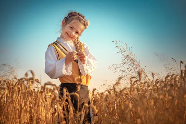 Młoda Dziewczyna Tradycyjnym Bułgarskim Stroju Folklorystycznego Polu Pszenicy Rolniczej Czasie — Zdjęcie stockowe