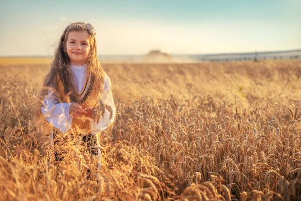 Молодая Девушка Традиционном Болгарском Фольклорном Костюме Сельскохозяйственном Пшеничном Поле Время — стоковое фото