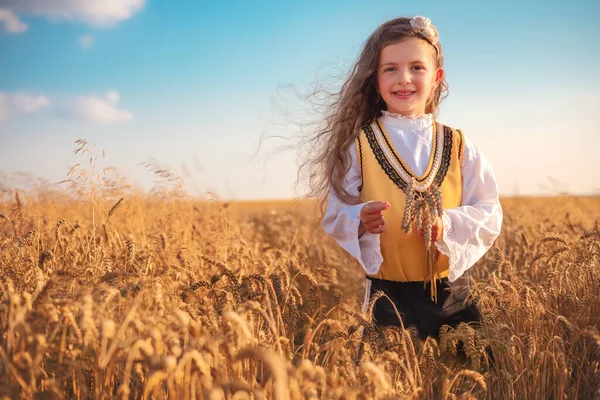 Fiatal Lány Hagyományos Bolgár Folklór Jelmezt Mezőgazdasági Búza Területen Betakarítási — Stock Fotó