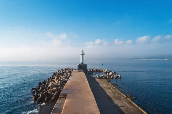 Flygfoto Över Fyren Vid Dimmig Soluppgång Varna Bulgarien — Stockfoto