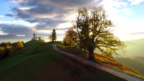 Luftaufnahmen Von Hügeln Und Feldern Kirche Primoz Bei Jamnik Slowenien — Stockvideo